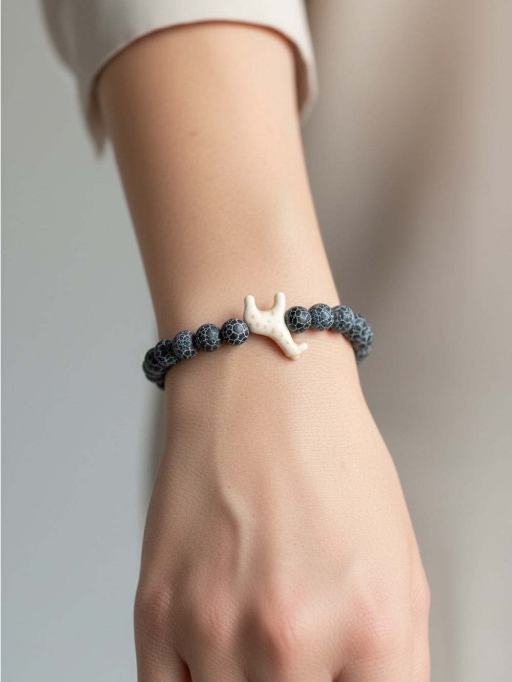 10/10 Handcrafted Gray Beaded Bracelet with White Coral Accent